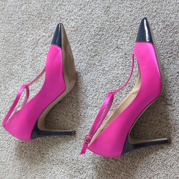 JCrew size 9.5 T strap hot pink heels with navy accent and gold trim - Picture 2 of 5